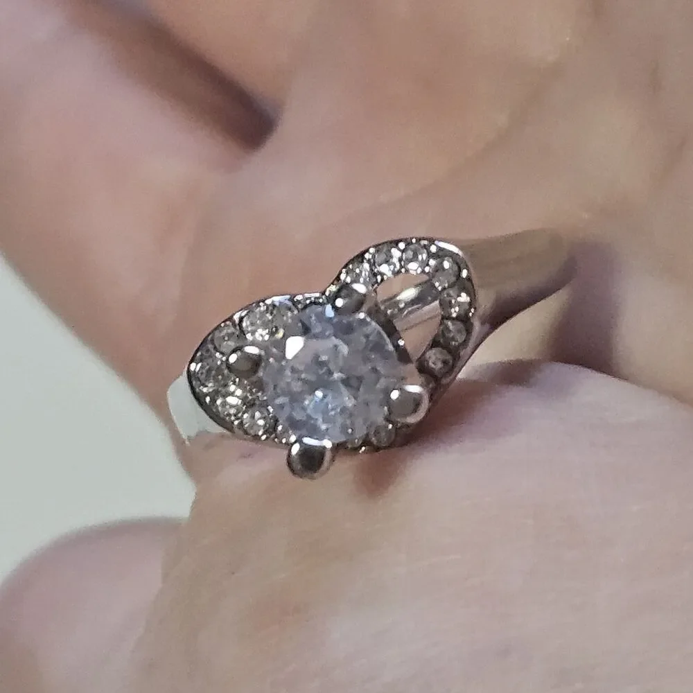 Silver Tone Clear Rhinestone Heart Shaped Ring Size 6.5